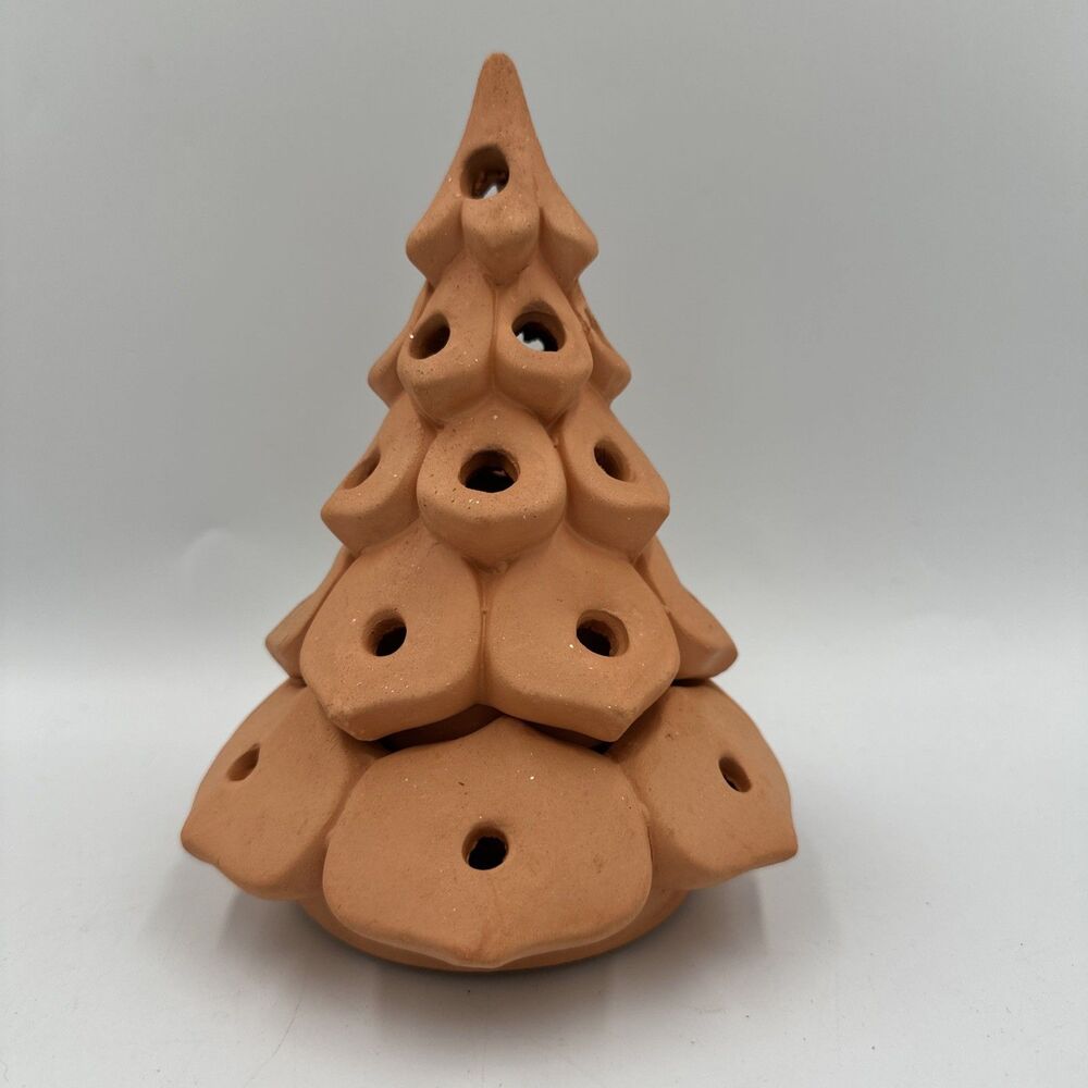 Vintage 7" Terracotta Christmas Tree Luminary Tealight 2 Piece Made In Portugal
